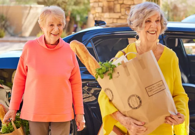 Senior woman coming home with a bag of groceries.