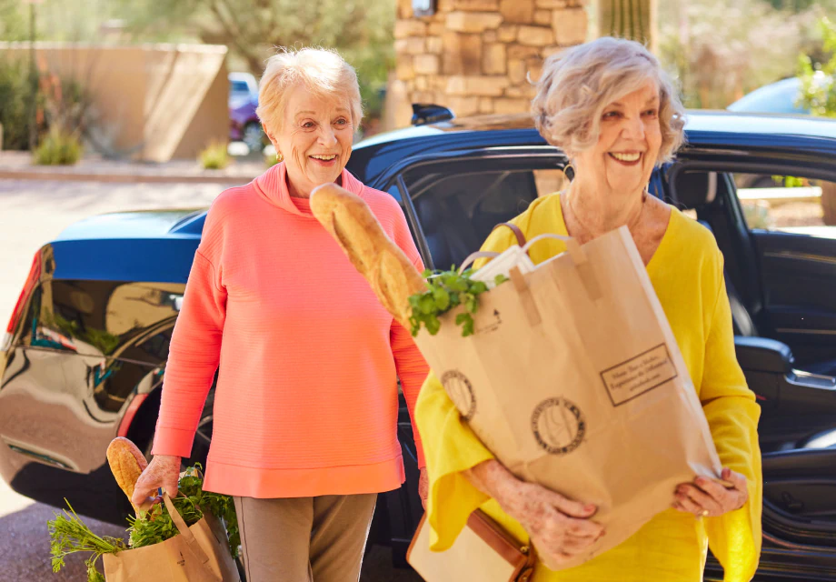 Two seniors walking with grocery bags