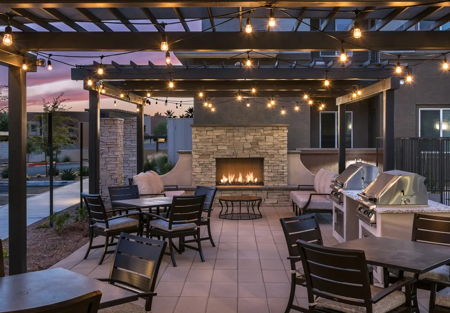 Our Senior Living community in Mesa features an outdoor patio with a fireplace