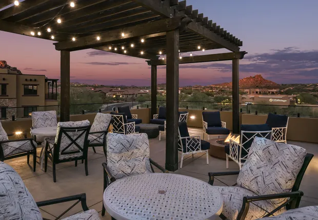 Rooftop courtyard during sunset at our Senior living in Scottsdale AZ