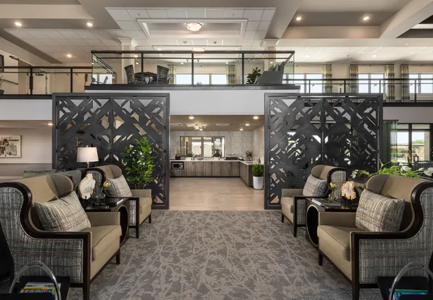 Open lobby with privacy and plenty of areas to chat at our senior living community in Glendale