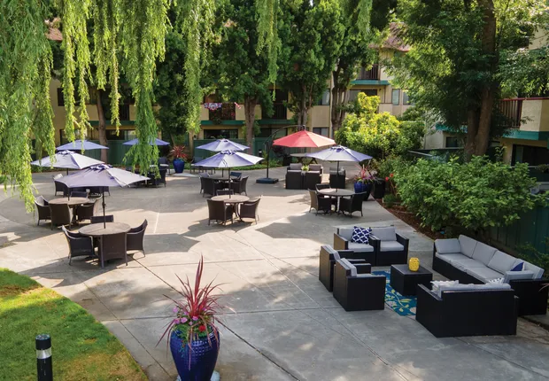 Large outdoor seating area at out senior living community in Fremont