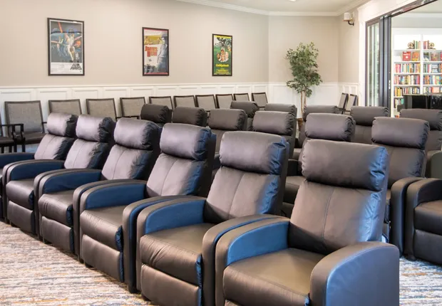 Movie theater with recliners at out senior living community in Fremont