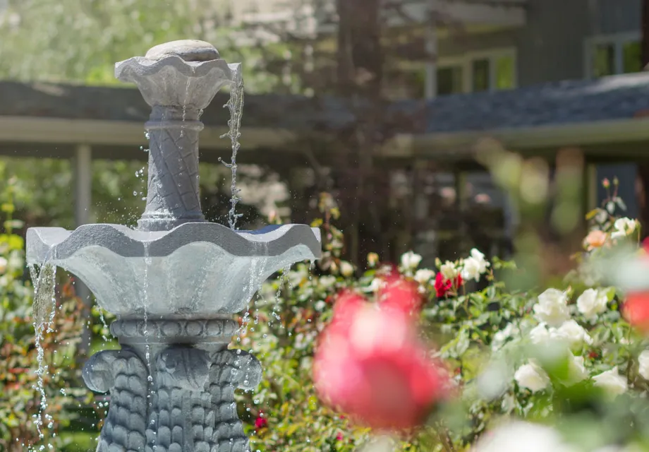Our Rohnert Park senior living offers a beautiful fountain in our flower-filled courtyard.