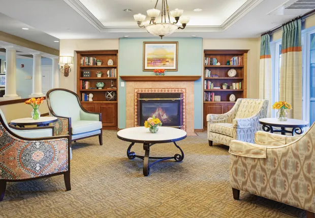 Senior Living in Sonoma featuring a fireplace with seating surrounding it
