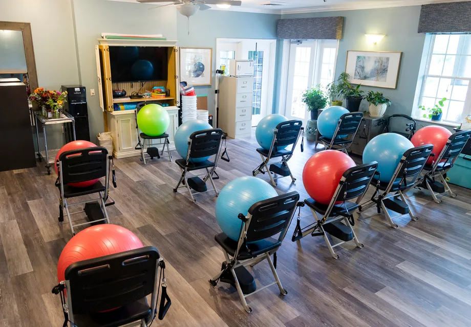 Fitness room with exercise balls.