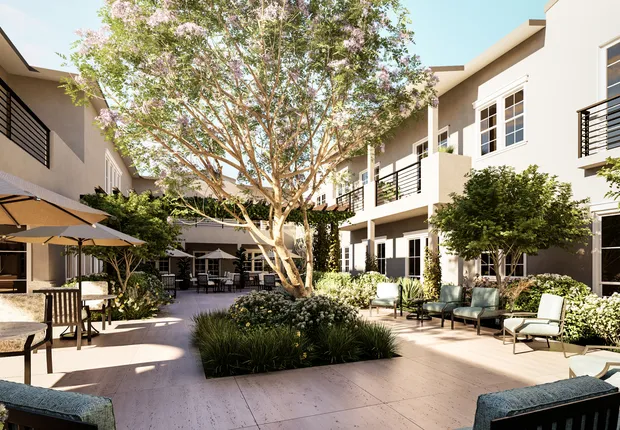 A view of our nature-filled courtyards in our Modern Senior Living in Brea