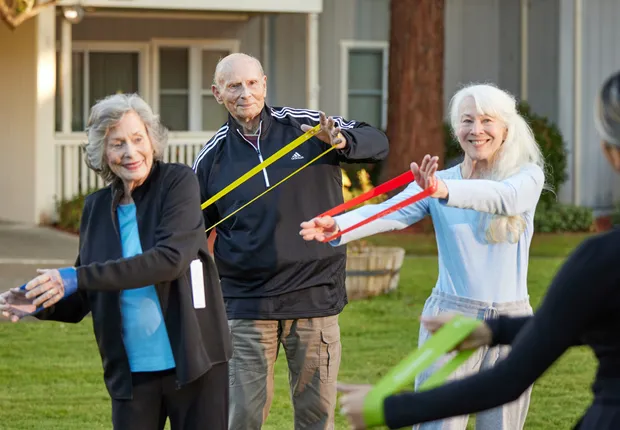 Seniors partaking in an outdoor fitness class