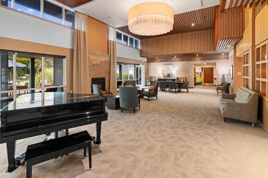 piano in brown community room