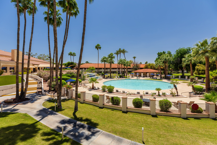 Wide view of the outdoor pool surrounded by lush greenery and palm trees at Park Terrace Senior Living in Phoenix, AZ.