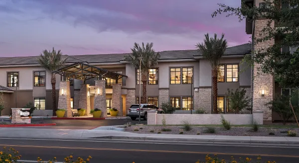 Welcoming entrance with vibrant landscaping, creating a friendly and inviting atmosphere for all.