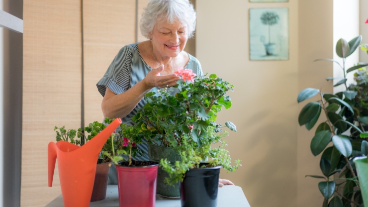 A smiling woman cares for vibrant flowers, surrounded by greenery, fostering a nurturing community atmosphere.