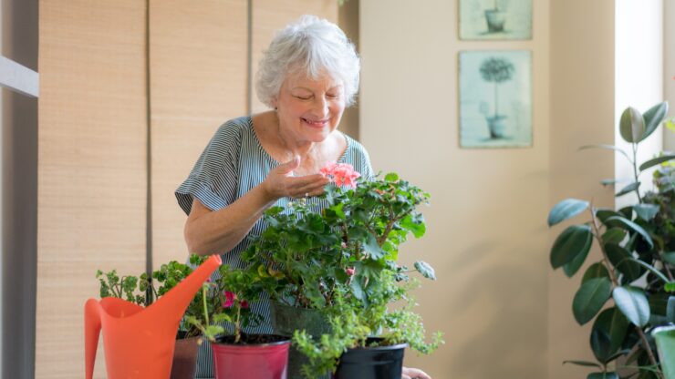 A smiling woman cares for vibrant flowers, surrounded by greenery, fostering a nurturing community atmosphere.