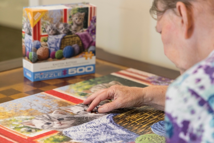 Engaged in a puzzle, a resident enjoys a vibrant and cheerful atmosphere, fostering community connections.