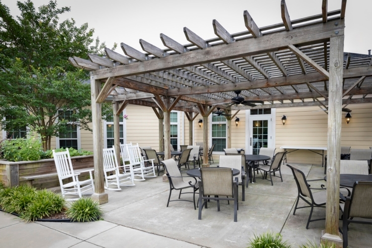 A welcoming outdoor space with comfortable seating, perfect for community gatherings and relaxation.