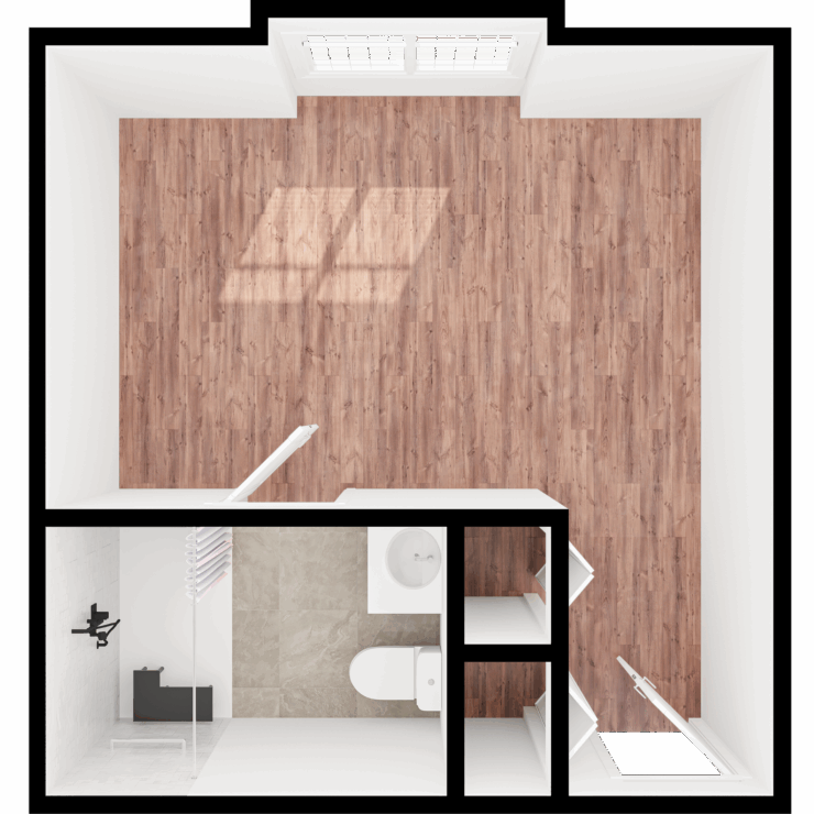 A spacious, welcoming room with warm wooden floors and natural light, perfect for creating lasting memories.