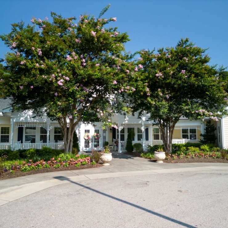 Welcoming entrance surrounded by vibrant flowers and lush trees, radiating warmth and community spirit.