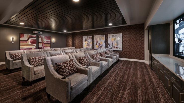 A cozy, inviting theater with plush seating, perfect for movie nights and community gatherings.