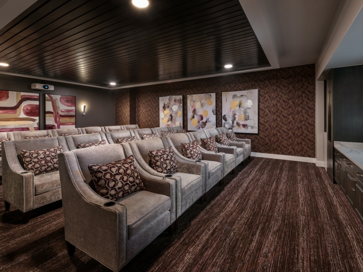 A cozy, inviting theater with plush seating, perfect for movie nights and community gatherings.