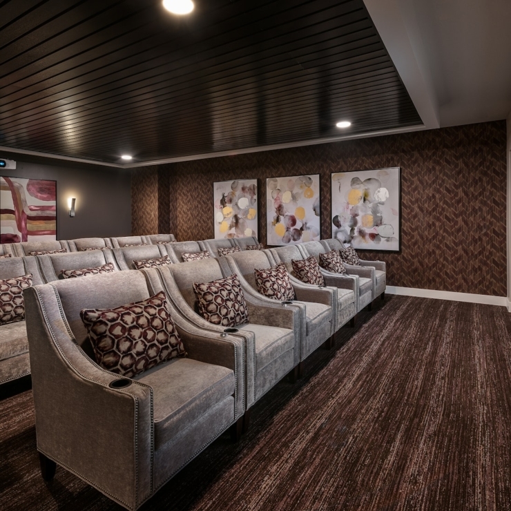 A cozy, inviting theater with plush seating, perfect for movie nights and community gatherings.