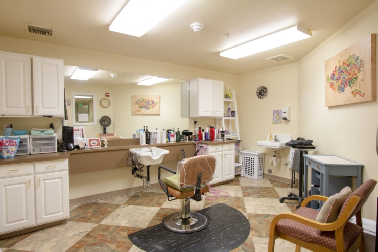A welcoming salon space, filled with light and vibrant decor, perfect for community bonding and care.