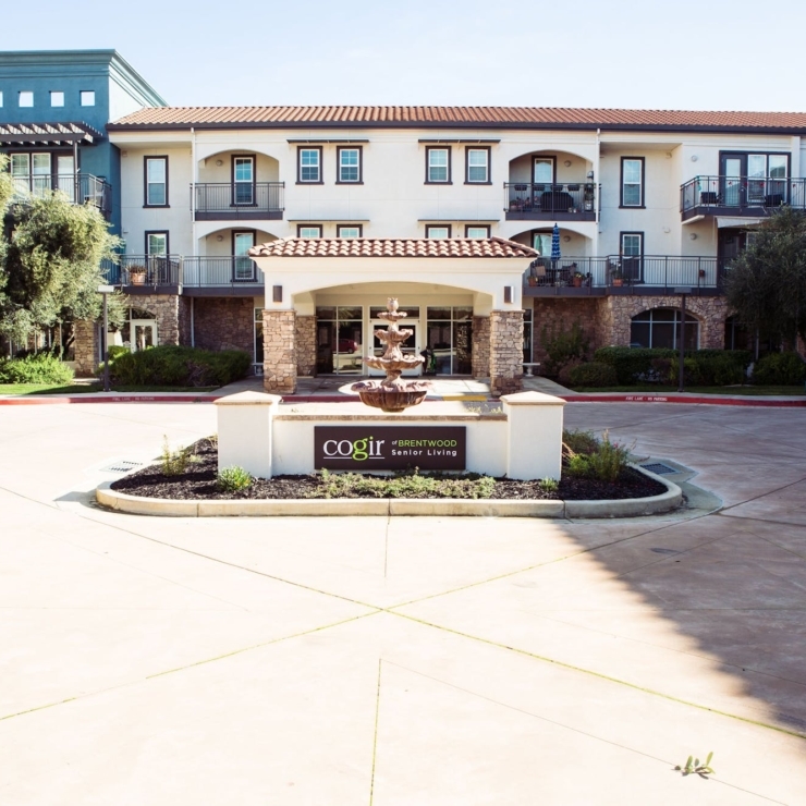 A welcoming community entrance features a charming fountain, surrounded by lush greenery and vibrant buildings.