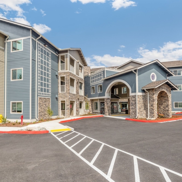 Bright, welcoming community with modern architecture fosters relaxation and connection.