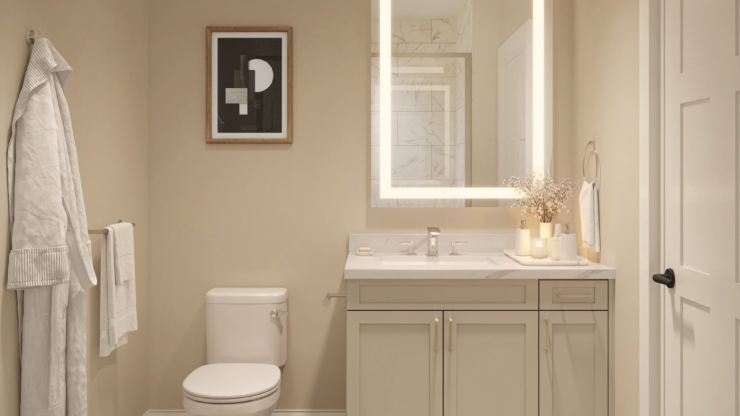 A serene bathroom fosters comfort and tranquility, perfect for relaxation and self-care.
