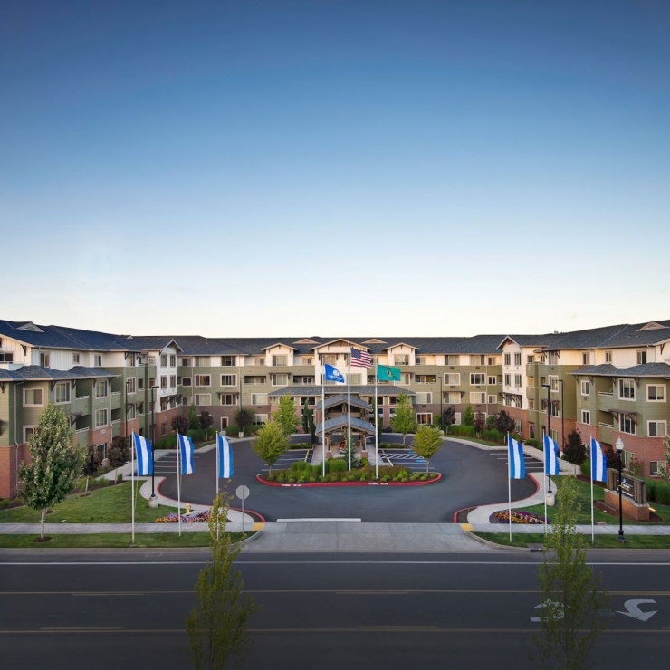 A welcoming retirement community set amidst tranquil surroundings, fostering comfort and connection.