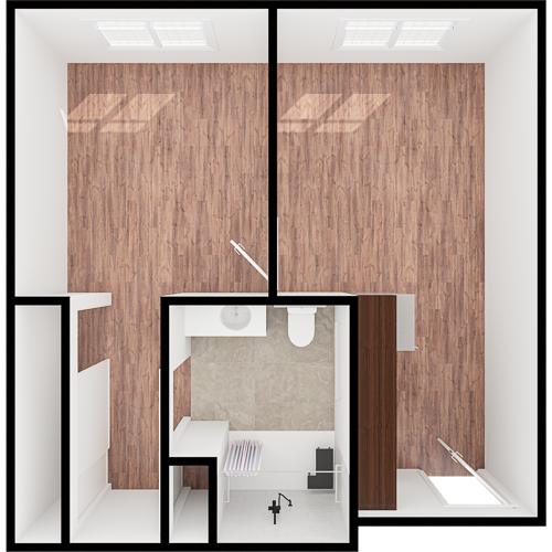 A thoughtfully designed space with warm wood flooring, inviting natural light, and essential amenities.