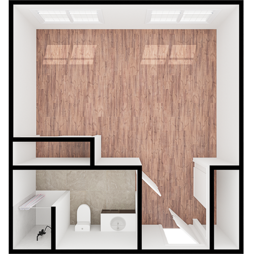 A cozy, inviting layout featuring warm wood floors and natural light, perfect for community living.