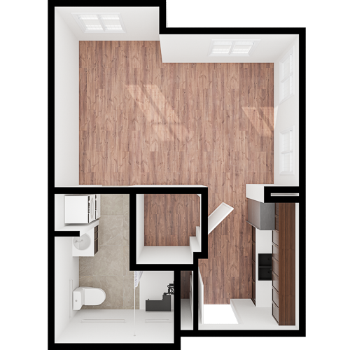 A warm, inviting layout featuring spacious living areas and a cozy kitchen, perfect for community living.