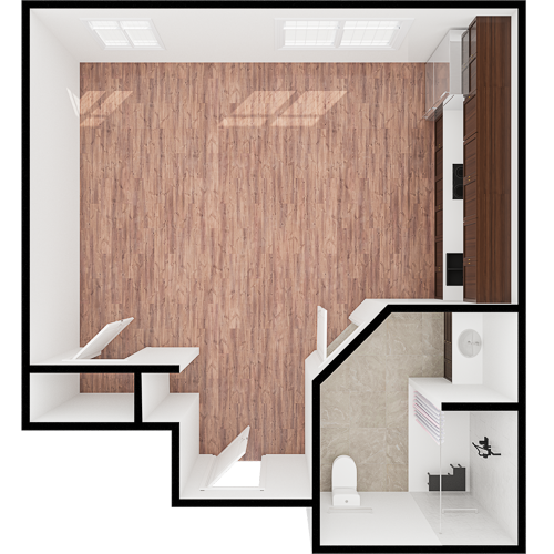 A bright, inviting room with warm wood flooring and cozy spaces, perfect for community and comfort.