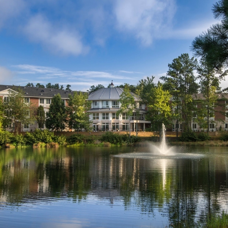 A serene lakeside view, featuring lush greenery and a welcoming community atmosphere.