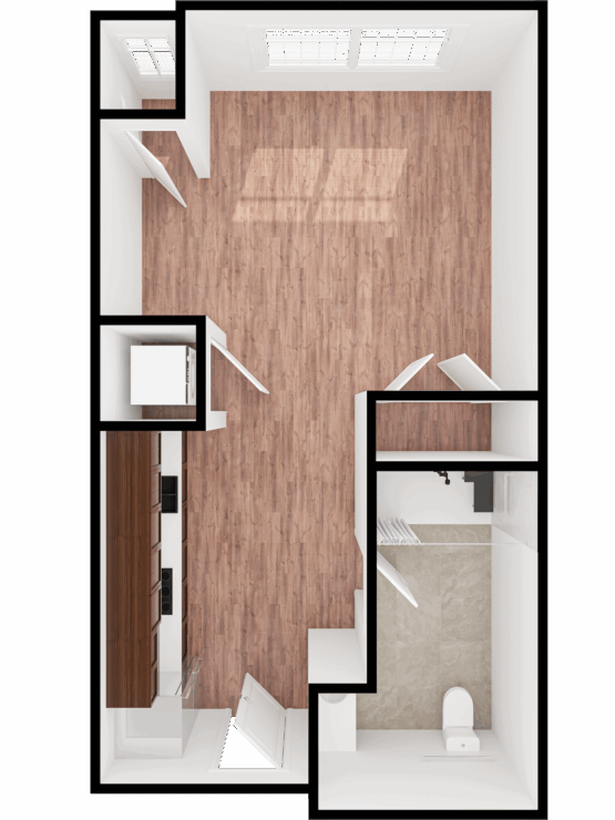 A cozy, inviting living space featuring warm wood floors and natural light, perfect for relaxation.