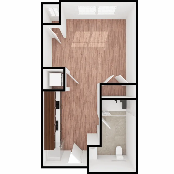 A cozy, inviting living space featuring warm wood floors and natural light, perfect for relaxation.