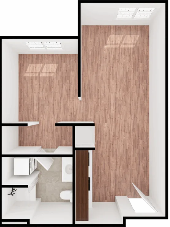 An inviting open layout with warm wood tones, perfect for comfortable living and community connections.