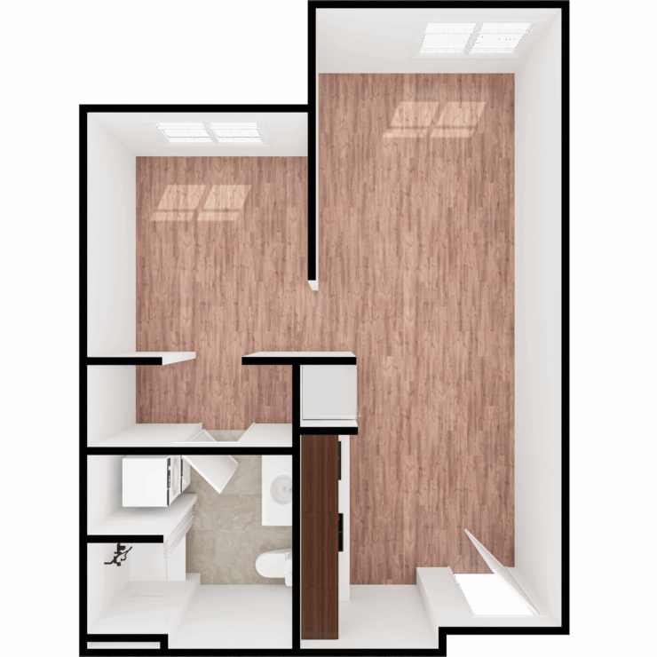 An inviting open layout with warm wood tones, perfect for comfortable living and community connections.