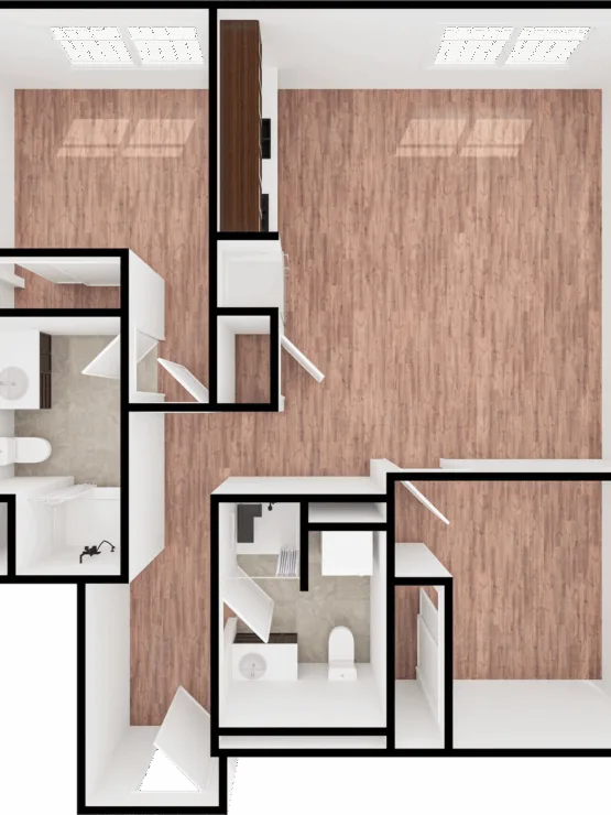 Bright, inviting layout featuring warm tones and spacious areas, perfect for community living and comfort.