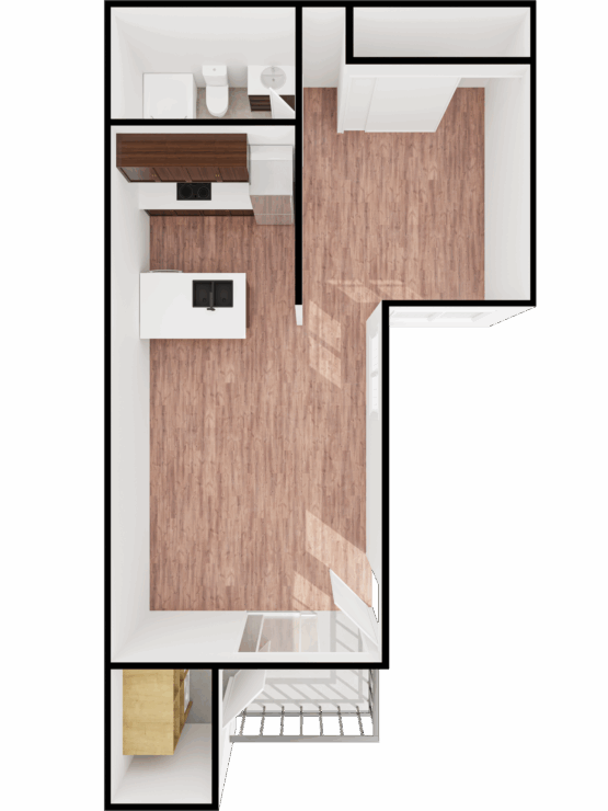 A cozy, inviting studio featuring warm wood floors and bright natural light, perfect for community living.