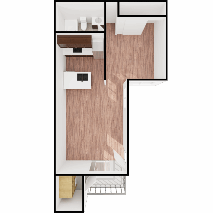 A cozy, inviting studio featuring warm wood floors and bright natural light, perfect for community living.