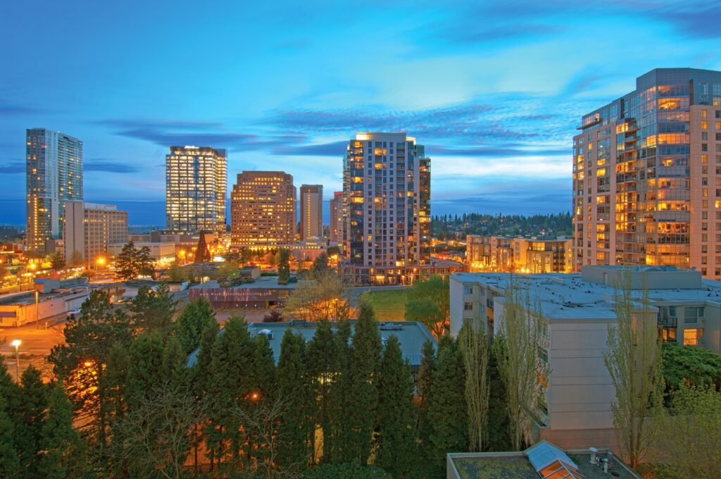 A vibrant city skyline at dusk, radiating warmth and community spirit, perfect for comfortable living.