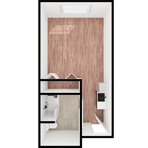 Bright, open space with warm wood floors, inviting residents to enjoy comfort and community together.