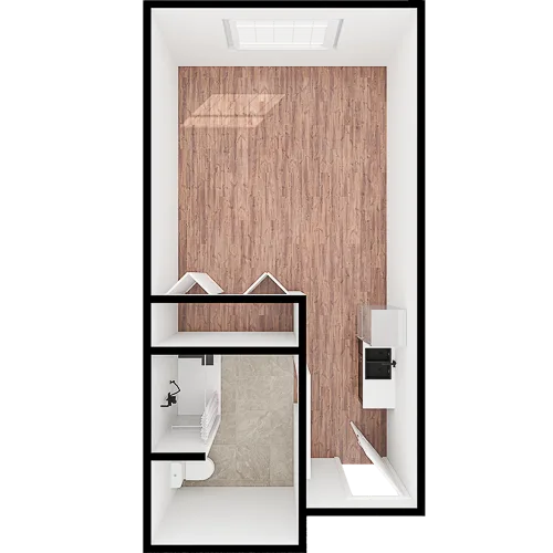 Bright, open space with warm wood floors, inviting residents to enjoy comfort and community together.