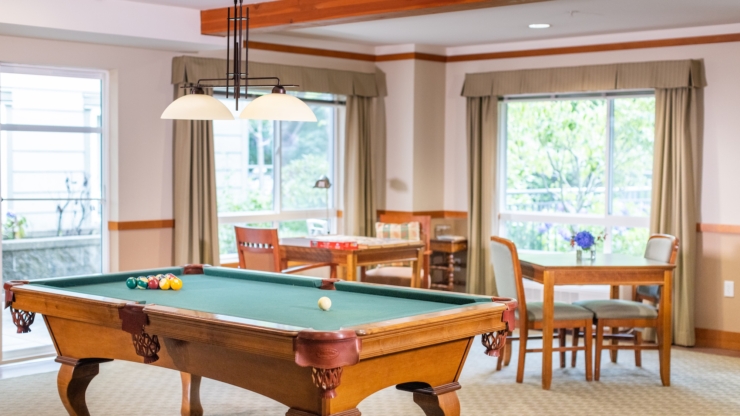 A welcoming activity room featuring a pool table and cozy seating, perfect for friendly gatherings.