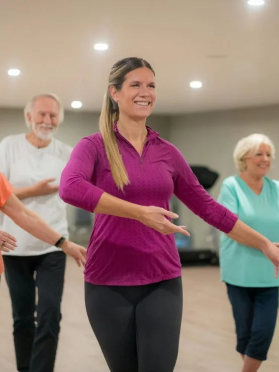 A vibrant group exercise class fosters community and joy, promoting health and connection among residents.
