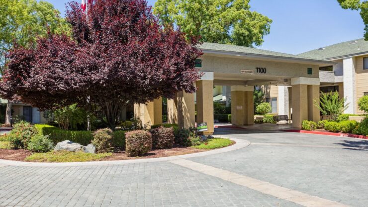 Welcoming entrance with lush greenery and vibrant trees, creating a warm, community-focused atmosphere.