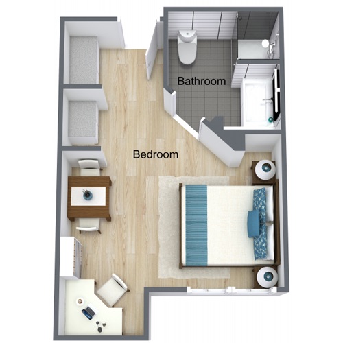 Cozy and inviting layout, featuring a comfortable bedroom and accessible bathroom, perfect for community living.