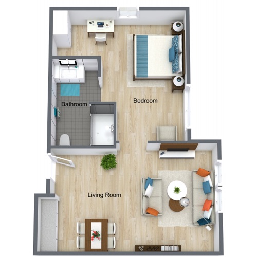 A cozy, inviting layout with a warm living room, serene bedroom, and accessible bathroom, perfect for community living.