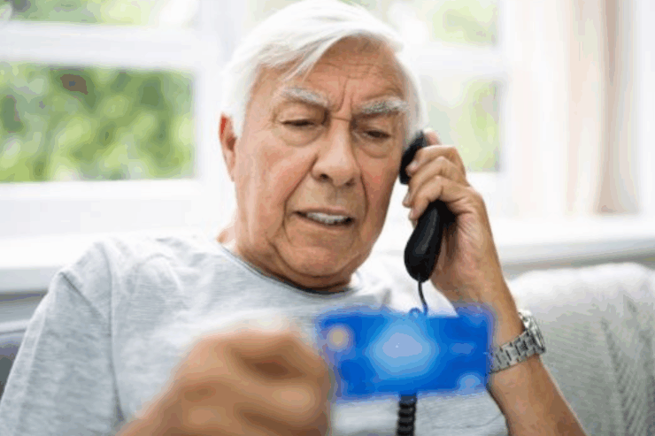 A resident engaging in a thoughtful phone call, holding their card, surrounded by light and warmth.